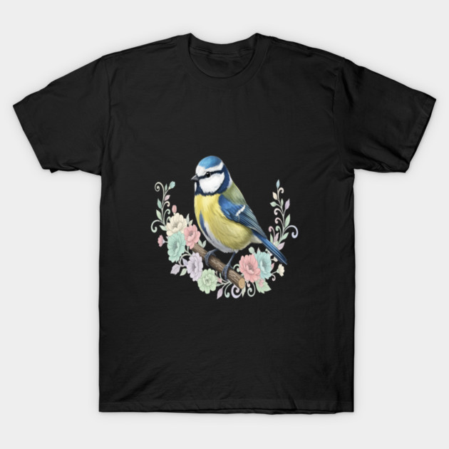 Eurasian Blue Tit with Vintage Floral Botanical Accents T-Shirt by BirdsnStuff