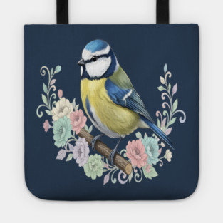 Eurasian Blue Tit with Vintage Floral Botanical Accents Tote