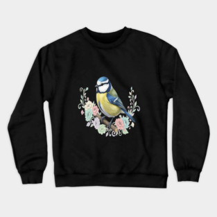 Eurasian Blue Tit with Vintage Floral Botanical Accents Crewneck Sweatshirt