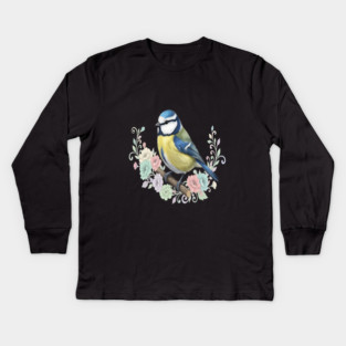 Eurasian Blue Tit with Vintage Floral Botanical Accents Kids Long Sleeve T-Shirt