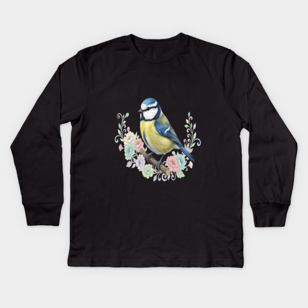 Eurasian Blue Tit with Vintage Floral Botanical Accents Kids Long Sleeve T-Shirt by BirdsnStuff