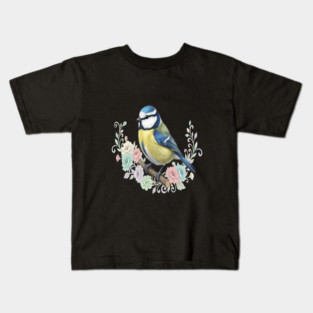 Eurasian Blue Tit with Vintage Floral Botanical Accents Kids T-Shirt