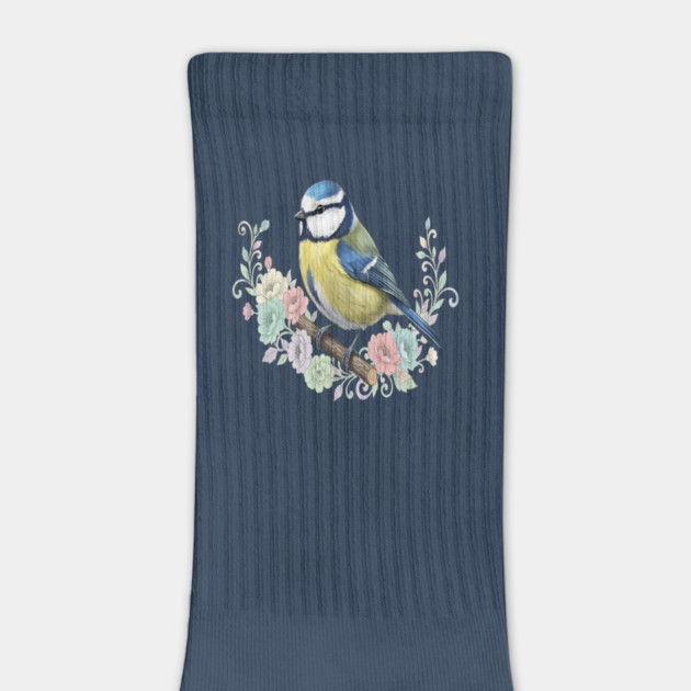 Eurasian Blue Tit with Vintage Floral Botanical Accents by BirdsnStuff