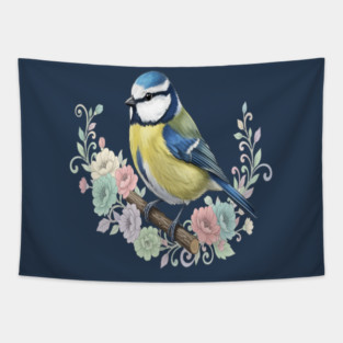 Eurasian Blue Tit with Vintage Floral Botanical Accents Tapestry