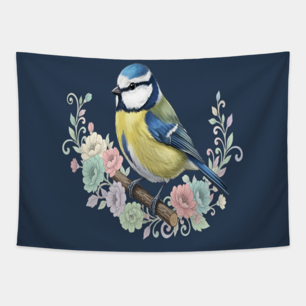 Eurasian Blue Tit with Vintage Floral Botanical Accents Tapestry by BirdsnStuff