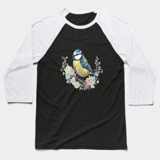 Eurasian Blue Tit with Vintage Floral Botanical Accents Baseball T-Shirt