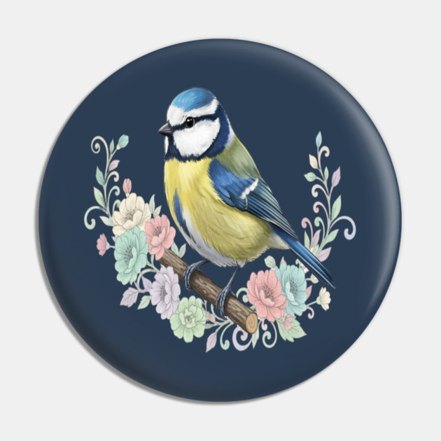 Eurasian Blue Tit with Vintage Floral Botanical Accents Pin by BirdsnStuff