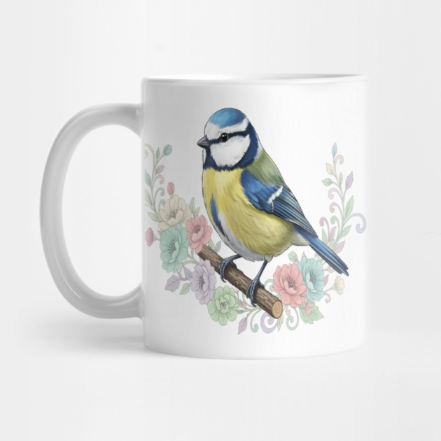 Eurasian Blue Tit with Vintage Floral Botanical Accents by BirdsnStuff