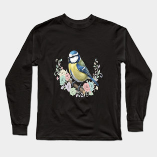 Eurasian Blue Tit with Vintage Floral Botanical Accents Long Sleeve T-Shirt