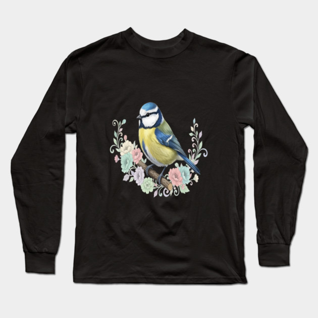 Eurasian Blue Tit with Vintage Floral Botanical Accents Long Sleeve T-Shirt by BirdsnStuff