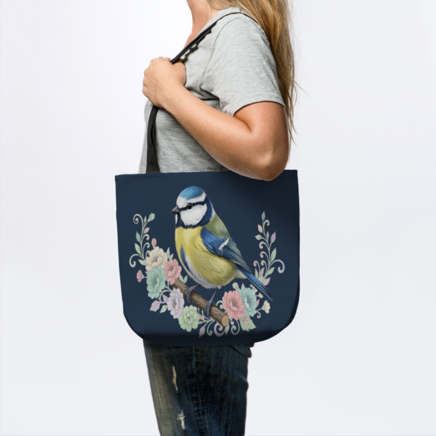Eurasian Blue Tit with Vintage Floral Botanical Accents by BirdsnStuff