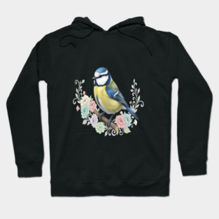 Eurasian Blue Tit with Vintage Floral Botanical Accents Hoodie