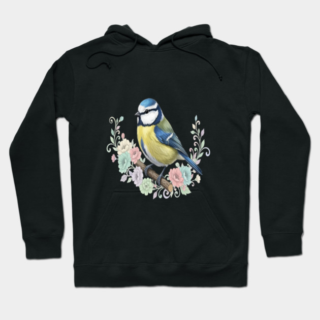 Eurasian Blue Tit with Vintage Floral Botanical Accents Hoodie by BirdsnStuff