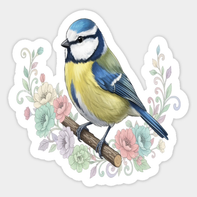 Eurasian Blue Tit with Vintage Floral Botanical Accents Magnet by BirdsnStuff