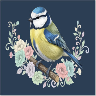 Eurasian Blue Tit with Vintage Floral Botanical Accents Posters and Art
