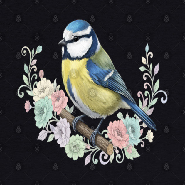 Eurasian Blue Tit with Vintage Floral Botanical Accents by BirdsnStuff