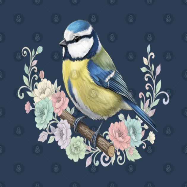 Eurasian Blue Tit with Vintage Floral Botanical Accents by BirdsnStuff