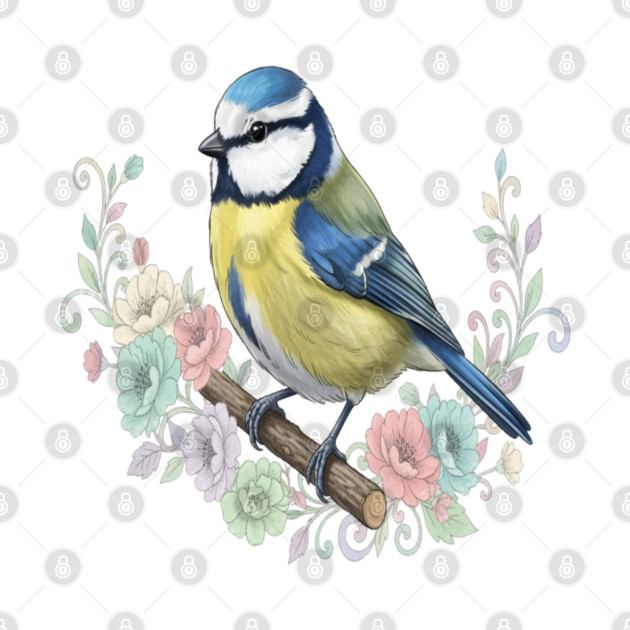 Eurasian Blue Tit with Vintage Floral Botanical Accents by BirdsnStuff