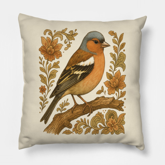 Common Chaffinch in Rustic Folk Art Style Pillow by BirdsnStuff