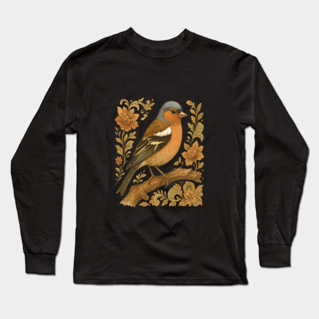 Common Chaffinch in Rustic Folk Art Style Long Sleeve T-Shirt by BirdsnStuff