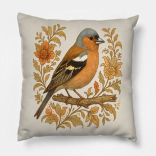 Common Chaffinch in Rustic Folk Art Style Pillow