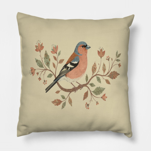 Common Chaffinch in Delicate Botanical Style Pillow by BirdsnStuff