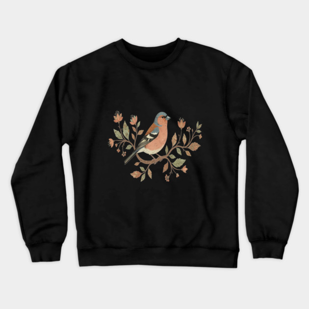 Common Chaffinch in Delicate Botanical Style Crewneck Sweatshirt by BirdsnStuff