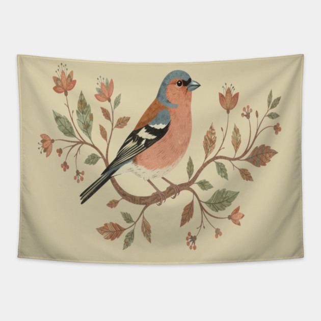 Common Chaffinch in Delicate Botanical Style Tapestry by BirdsnStuff