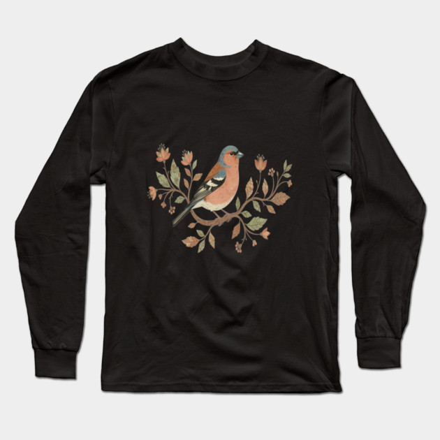 Common Chaffinch in Delicate Botanical Style Long Sleeve T-Shirt by BirdsnStuff