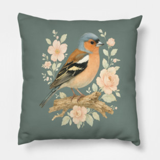 Common Chaffinch with Blossoms in Botanical Art Pillow