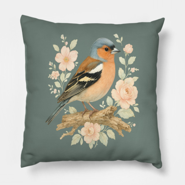 Common Chaffinch with Blossoms in Botanical Art Pillow by BirdsnStuff