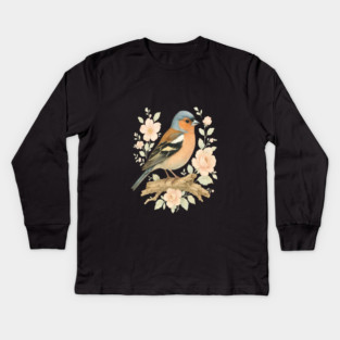 Common Chaffinch with Blossoms in Botanical Art Kids Long Sleeve T-Shirt