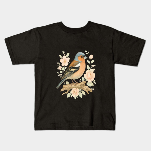 Common Chaffinch with Blossoms in Botanical Art Kids T-Shirt by BirdsnStuff