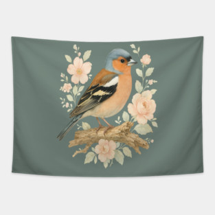 Common Chaffinch with Blossoms in Botanical Art Tapestry