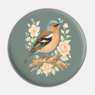 Common Chaffinch with Blossoms in Botanical Art Pin