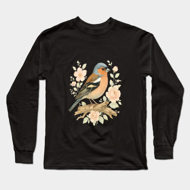 Common Chaffinch with Blossoms in Botanical Art Long Sleeve T-Shirt by BirdsnStuff