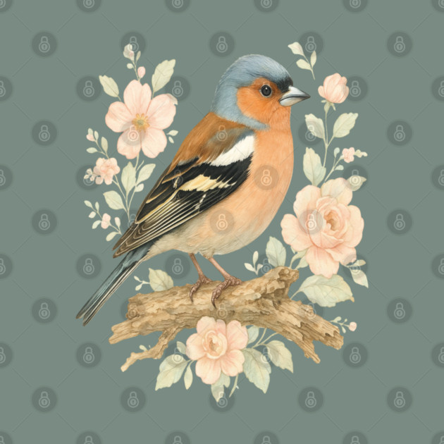 Common Chaffinch with Blossoms in Botanical Art by BirdsnStuff