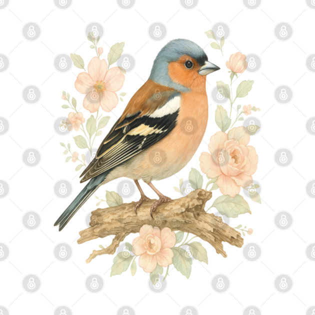 Common Chaffinch with Blossoms in Botanical Art by BirdsnStuff