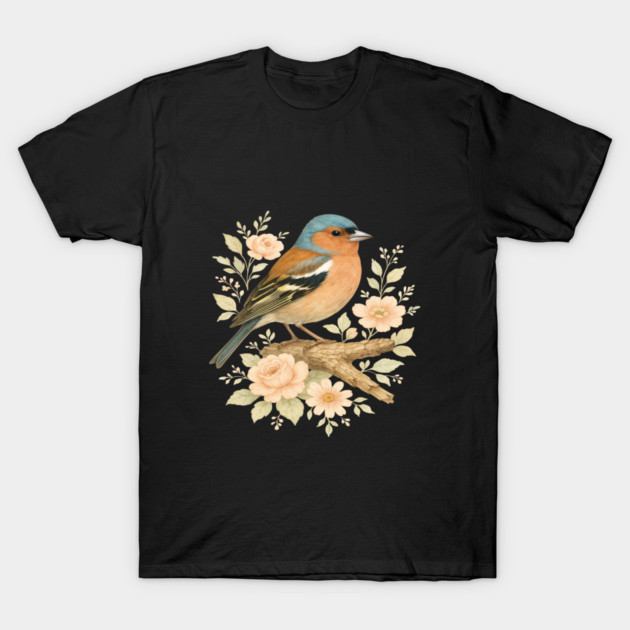 Common Chaffinch with Blossoms in Botanical Art T-Shirt by BirdsnStuff