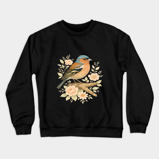 Common Chaffinch with Blossoms in Botanical Art Crewneck Sweatshirt by BirdsnStuff