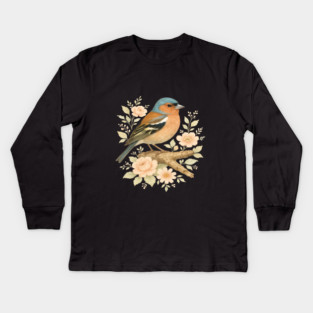 Common Chaffinch with Blossoms in Botanical Art Kids Long Sleeve T-Shirt