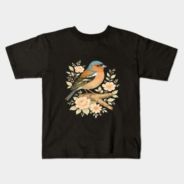Common Chaffinch with Blossoms in Botanical Art Kids T-Shirt by BirdsnStuff