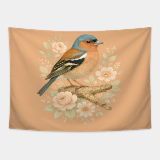 Common Chaffinch with Blossoms in Botanical Art Tapestry