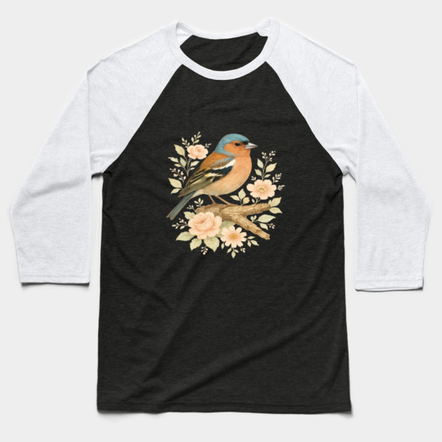 Common Chaffinch with Blossoms in Botanical Art Baseball T-Shirt by BirdsnStuff