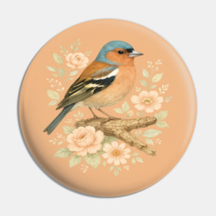 Common Chaffinch with Blossoms in Botanical Art Pin