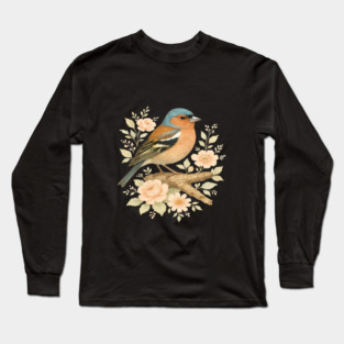Common Chaffinch with Blossoms in Botanical Art Long Sleeve T-Shirt