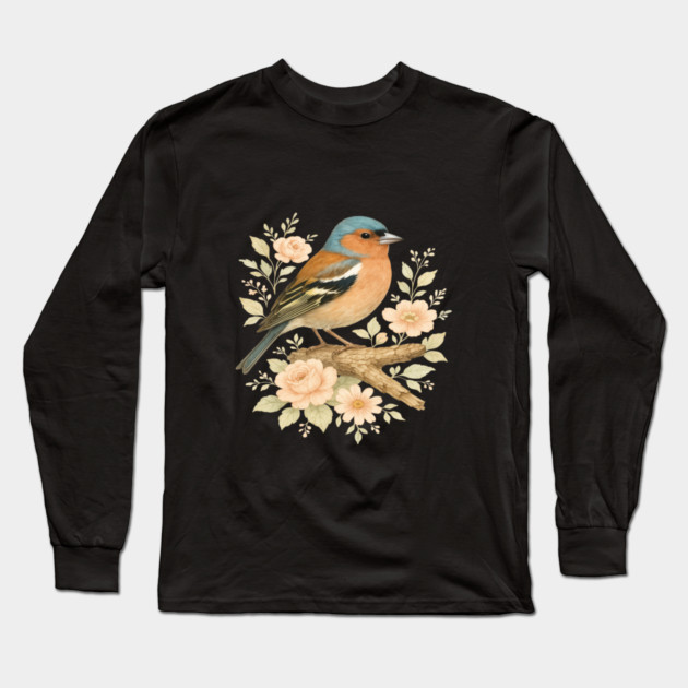 Common Chaffinch with Blossoms in Botanical Art Long Sleeve T-Shirt by BirdsnStuff