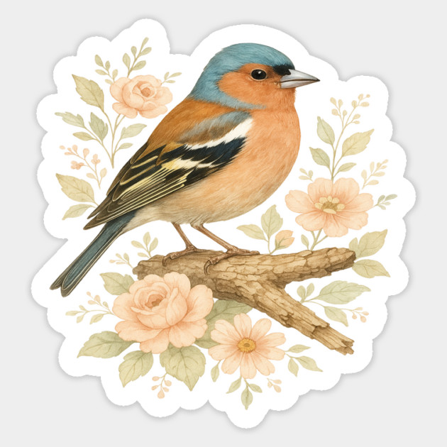 Common Chaffinch with Blossoms in Botanical Art Magnet by BirdsnStuff