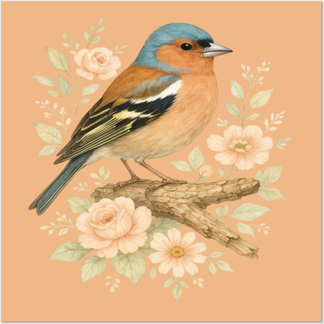 Common Chaffinch with Blossoms in Botanical Art Wall Art by BirdsnStuff