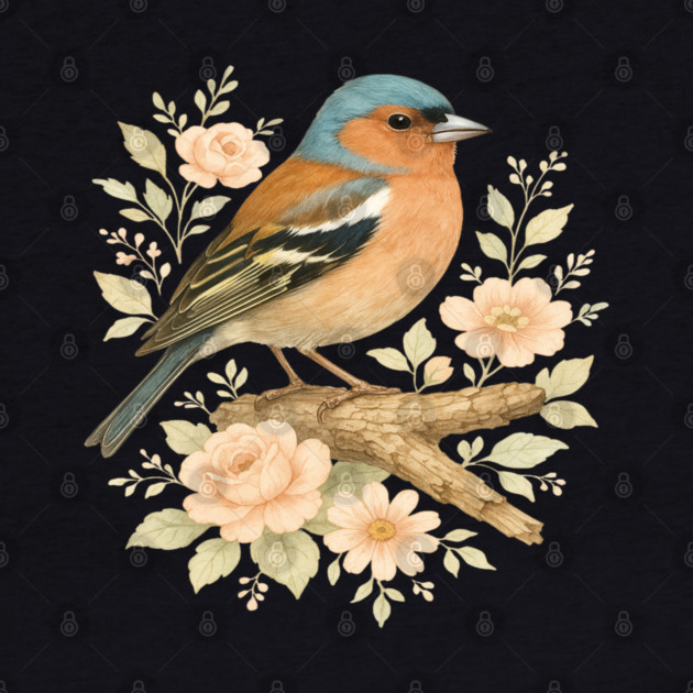 Common Chaffinch with Blossoms in Botanical Art by BirdsnStuff